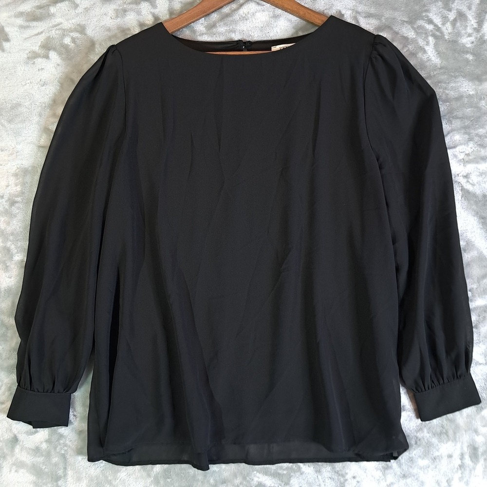 Zenana Black Puff Shoulder Long Sleeve Blouse Top Women's XL QT-65013 Chiffon